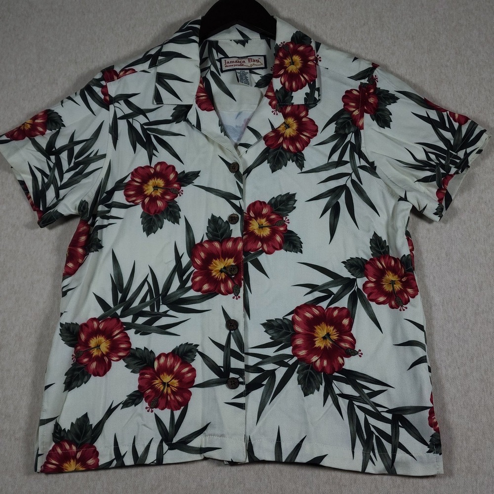 Tropical Floral Hawaiian Short Sleeve Button Down Shirt PM Womens White Rayon